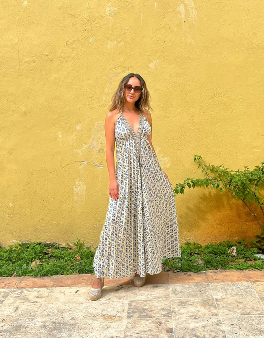 Vestido Boho Chic Rayón – Unitalla, Espalda Descubierta Azul Negro