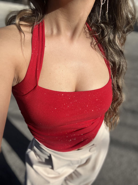 Top halter Rojo de brillos