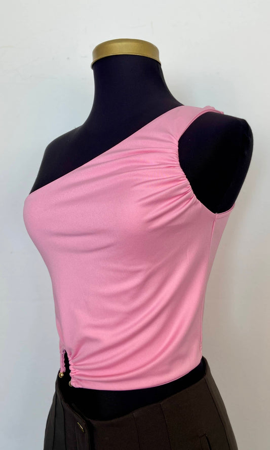 Blusa rosa pastel hombro descubierto