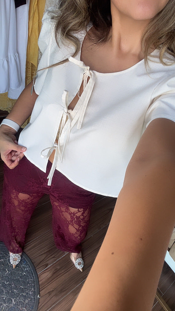 Pantalón de Encaje Vino de Pierna Amplia – Elegancia y Sensualidad Sofisticada