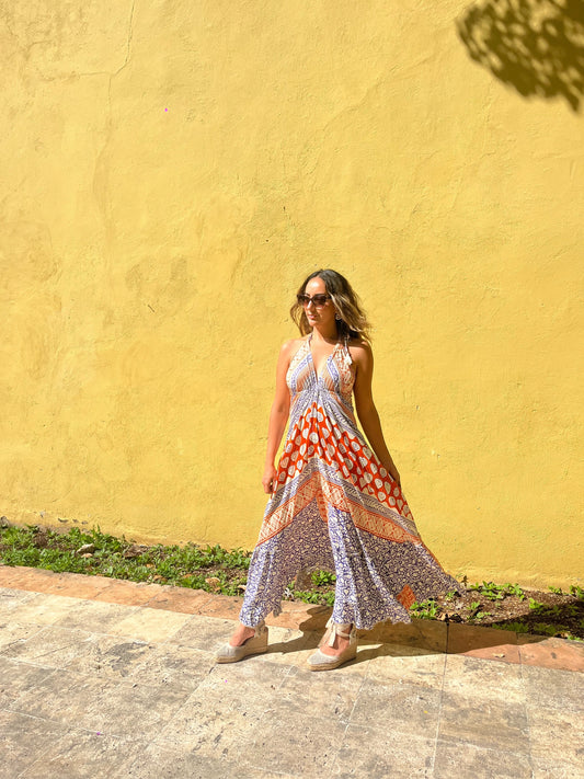 Vestido Boho Chic Rayón – Unitalla, Espalda Descubierta Naranja