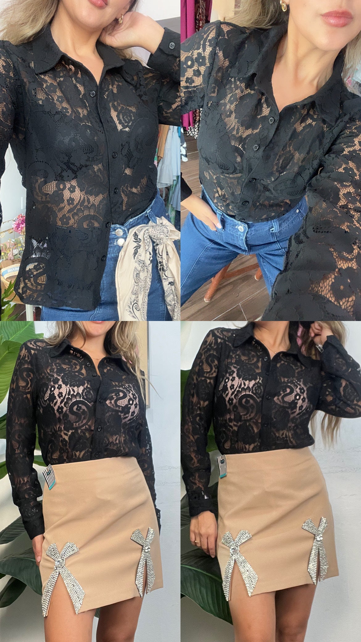 Blusa camisera de encaje negro