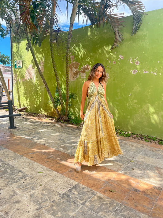 Vestido Boho Chic Rayón – Unitalla, Espalda Descubierta Amarillo