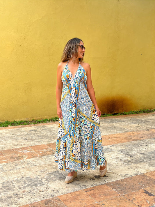Vestido Boho Chic – Unitalla, Espalda Descubierta Azul amarillo