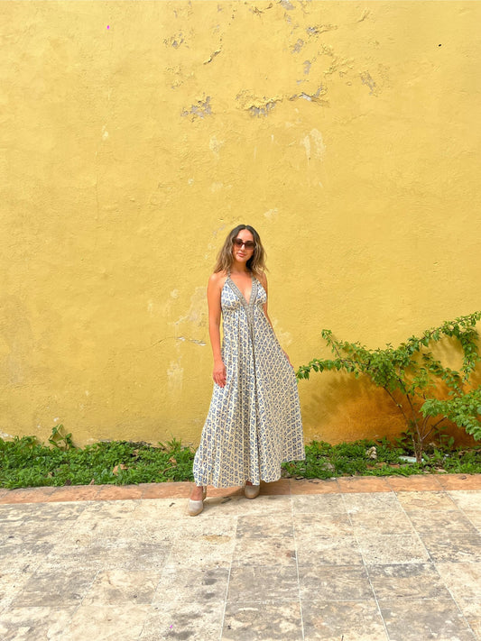 Vestido Boho Chic Rayón – Unitalla, Espalda Descubierta Azul Negro